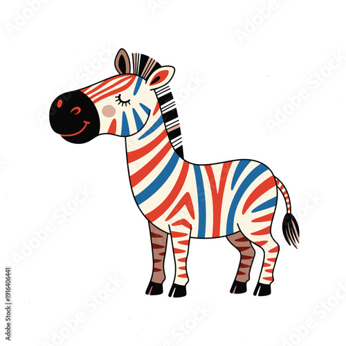 Decorative Zebra in Red and Blue Stripes, Flat Folk Style Vector