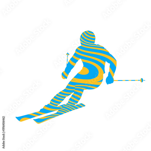 Downhill Skier Silhouette with Blue and Yellow Optical Stripe Pattern, Dynamic Winter Sports Vector Illustration