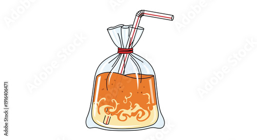 Orange Drink in Plastic Bag with Straw, Street Food Style