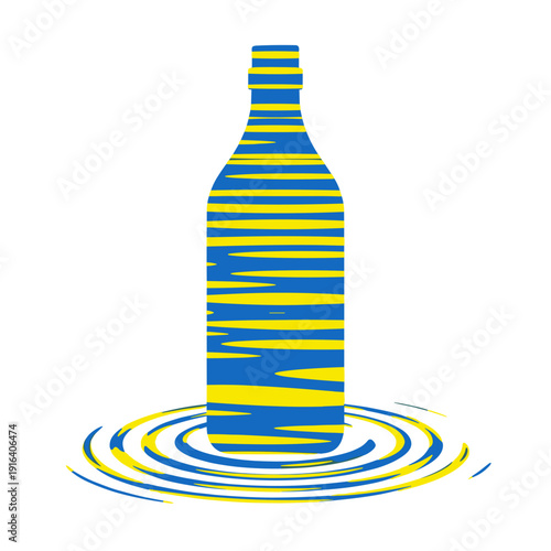 Abstract Bottle with Blue and Yellow Optical Wave Stripes Creating Water Ripple Effect, Modern Op Art Vector Illustration