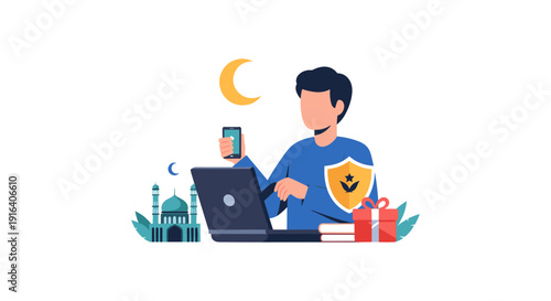 Illustration of a man working on laptop and holding phone, surrounded by mosque, crescent moon, and gift boxes, symbolizing Ramadan.