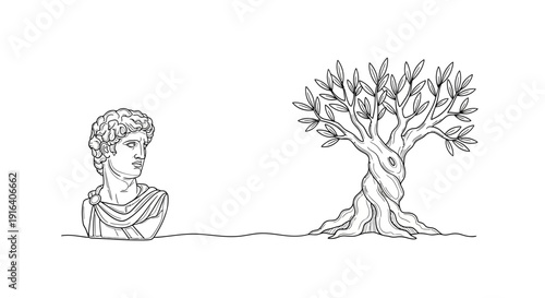 Ancient Greek Bust and Olive Tree on White Background