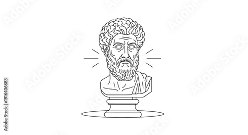 Ancient Greek bust on pedestal, minimalist line art, representing wisdom and philosophy