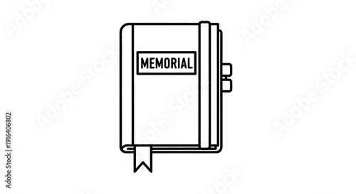 Memorial book icon, black and white line art, symbolizing remembrance and history