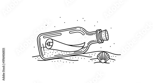 Message in a bottle on sandy beach with seashell, line art illustration