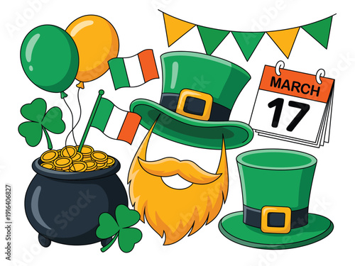 Collection of Irish holiday elements includes hats, gold coins, balloons, and calendar marking.