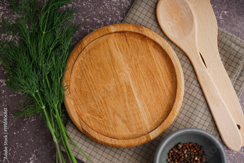 Empty wooden board, cutlery...
