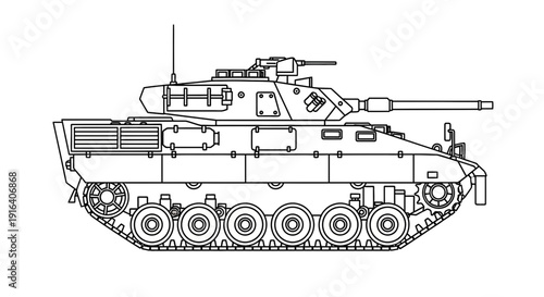 Military Tank Blueprint - Side View Line Drawing of Armored Vehicle