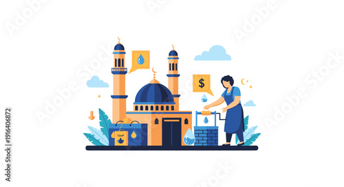 Illustration of a woman donating money to a mosque charity with a stack of coins and a donation box.