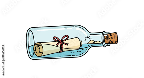 Message in a bottle with rolled scroll and ribbon on beach sand, sea water, cork stopper