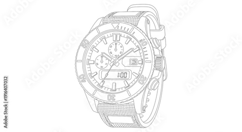 Line Art Drawing of a Modern Chronograph Watch with Digital Display