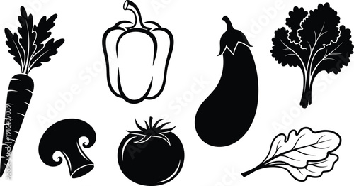 Flat vector illustration of vegetable silhouettes including carrot, bell pepper, eggplant, kale, mushroom, tomato, lettuce, spinach, healthy food icons