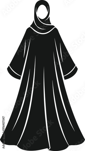 Flat vector illustration of abaya silhouette with flowing garment, wide sleeves, headscarf, modest fashion design, cultural attire, traditional clothing