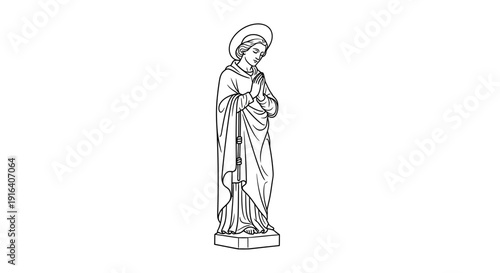 Line Art Illustration of a Praying Saint or Holy Figure with Halo, Isolated on White