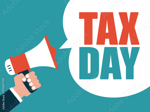 Businessman hand loudly broadcasts important message using a red and white megaphone against.