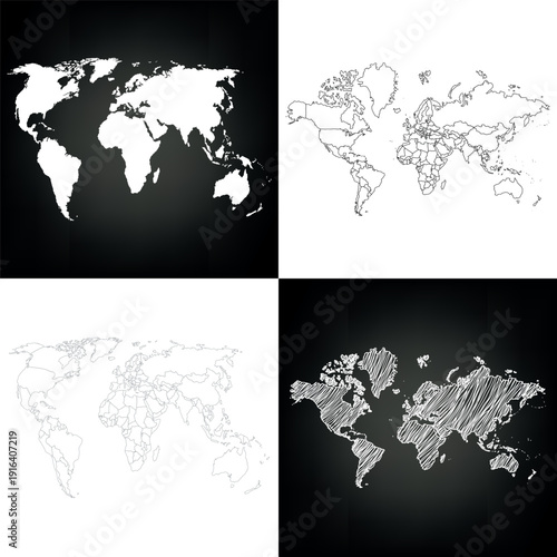 A collection of political maps of the world. A set of black and white maps. Countries. Map sketches.