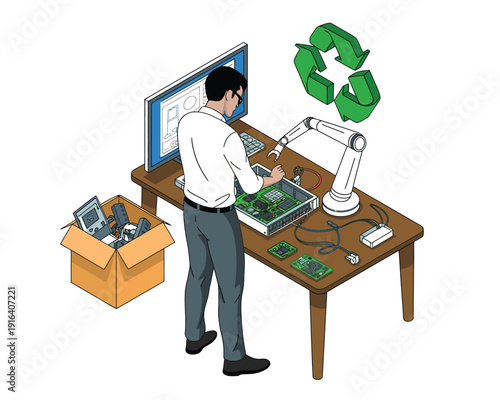 Technician repairs computer hardware at desk near open box of electronics and recycling symbol.