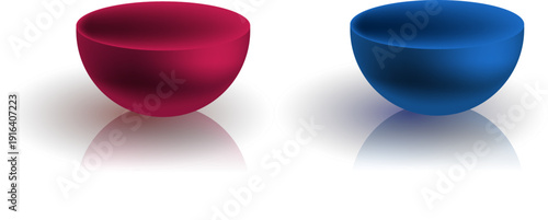光沢のある赤と青の半球オブジェクトを並べたシンプルな立体デザイン素材、影と反射が美しいミニマルな3D風ベクターイラスト背景
