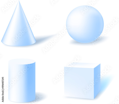 淡いブルーのグラデーションで表現した円錐・球体・円柱・立方体の立体図形セット、影付きで学習教材やプレゼン資料に使えるシンプルな3D風ベクター素材
