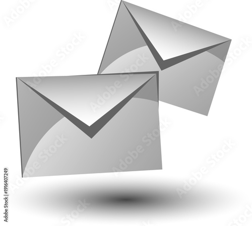 白とグレーの立体表現で浮遊する封筒アイコン2点セット｜メール・メッセージ・連絡を象徴するミニマル3Dイラスト素材（コピースペース・広告やWebデザイン向け）