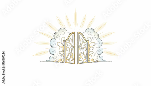 Heavenly Gates, Pearly Gates, Clouds, Light Rays, Ethereal, Spiritual Entrance, Divine Pathway