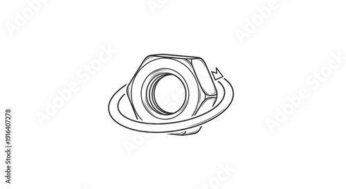 Hex Nut Icon with Rotation Arrow - Vector Line Art