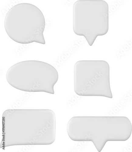 白とライトグレーの立体質感で表現したミニマルデザインの吹き出しアイコン6種セット｜3D風チャット・メッセージフレーム素材（背景透過向き・コピースペースあり）