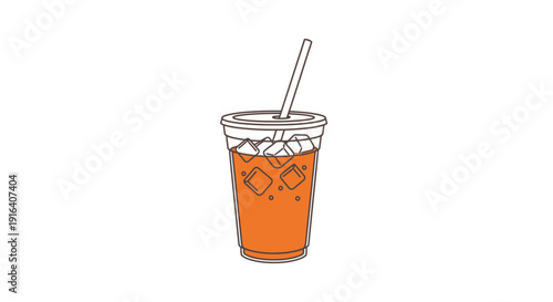 Iced Tea Drink in a Clear Plastic Cup with Straw and Ice Cubes, Outline Illustration