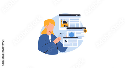 Illustration of a woman using her mobile phone to browse various web pages, showcasing online activity and digital engagement.