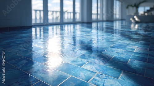 High-Resolution Stock Image of Blue Tiled Floor with Glossy Finish and Natural Light