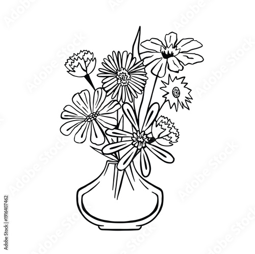 Bouquet of wild flowers in vase line sketch vector