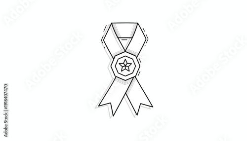 Hand Drawn Ribbon with Star Emblem, Award Symbol, Doodle Style