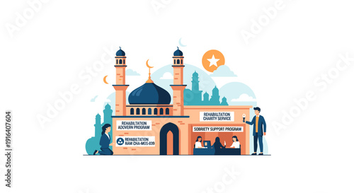 Vector illustration of a man standing near a mosque with a cityscape in the background, symbolizing faith and urban life.