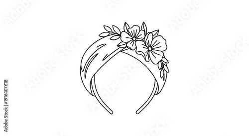 Hand-drawn floral headband, elegant hair accessory with flowers and leaves, outline sketch