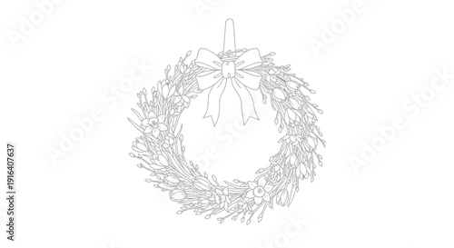 Hand-drawn floral wreath with bow, elegant outline illustration for spring and holiday decoration