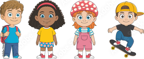 Diverse kids cartoon character set, cute children illustrations with school backpack and skateboarding boy vector collection