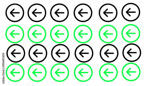 Set of circle left arrow icons for navigation and back button in black and green colors.