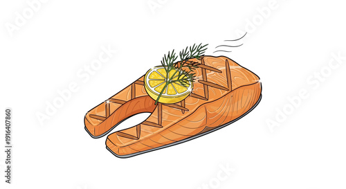 Grilled Salmon Steak with Lemon Slice and Dill - Healthy Food Illustration