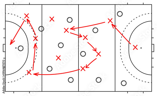 Hand draw strategy game, tactics for American football, ice hockey, field hockey, soccer, football, basketball, handball, sketched marker, isolated design elements.