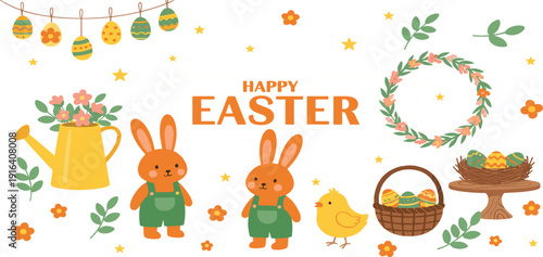 Adorable Happy Easter Vector Collection Featuring Cute Bunny Characters in Overalls with Little Chick, Spring Flowers, Garden Watering Can, and Decorative Painted Eggs