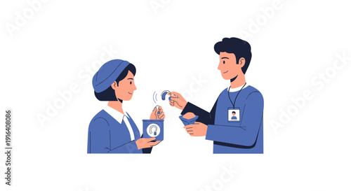 A nurse and patient exchanging medical documents in a professional healthcare environment, conveying trust and care.