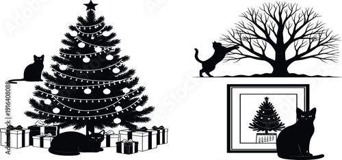Black Cat Christmas Silhouette Vector Set featuring Cats with Ornate Xmas Trees, Gift Boxes, Bare Winter Tree, and Framed Holiday Art for Decals