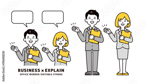 資料を持って案内・紹介する若い男女のビジネスパーソンの上半身・全身ベクターイラスト素材セット