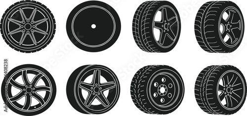 Car Wheel and Tire Icon Set with Alloy Rim Designs for Automotive Service, Vehicle Maintenance, Transport, Racing and Garage Equipment Vector Collection