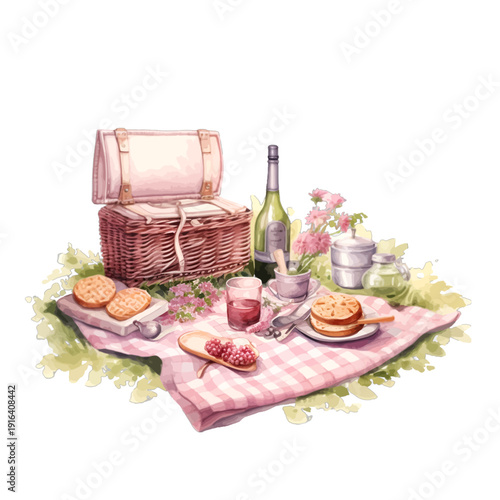 Watercolor Picnic Clipart with Wicker Basket, Wine Bottle, and Food on a Pink Gingham Blanket in the Grass