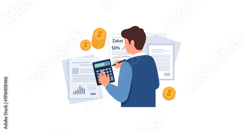 Illustration of a man reviewing financial reports and using a calculator surrounded by documents and gold coins