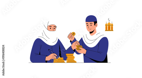 Illustration of a Muslim man and woman counting coins together at home with candles lit, symbolizing financial planning and togetherness.