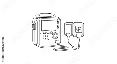 Defibrillator medical device with pads, emergency cardiac care equipment, illustration