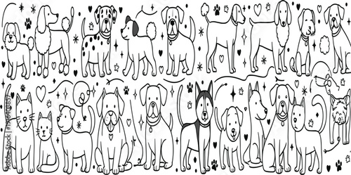 Cute Dog and Cat Doodle Pattern with Hand Drawn Pets, Hearts and Paw Prints for Animal Lover, Kids Background and Textile Design
