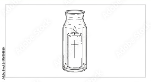 Burning Candle in a Glass Jar with Cross Symbol